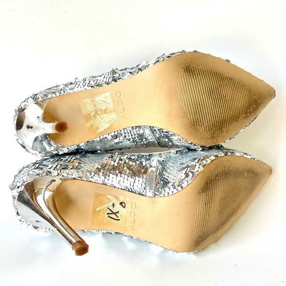Aldo Uloaviel Silver Sequin Pointed Toe Stiletto High Heel Pumps Flip 37 / 6.5 - Picture 8 of 9